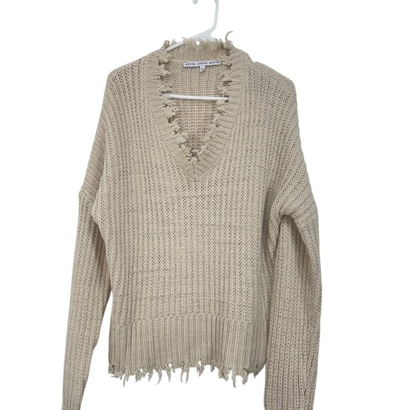 HYFVE Distressed Beige Distressed V-Neck Knit Sweater - Womens Size L - Picture 2 of 11